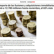 El importe de las fusiones y adquisiciones inmobiliarias subi a 12.780 millones hasta noviembre, el 65% ms